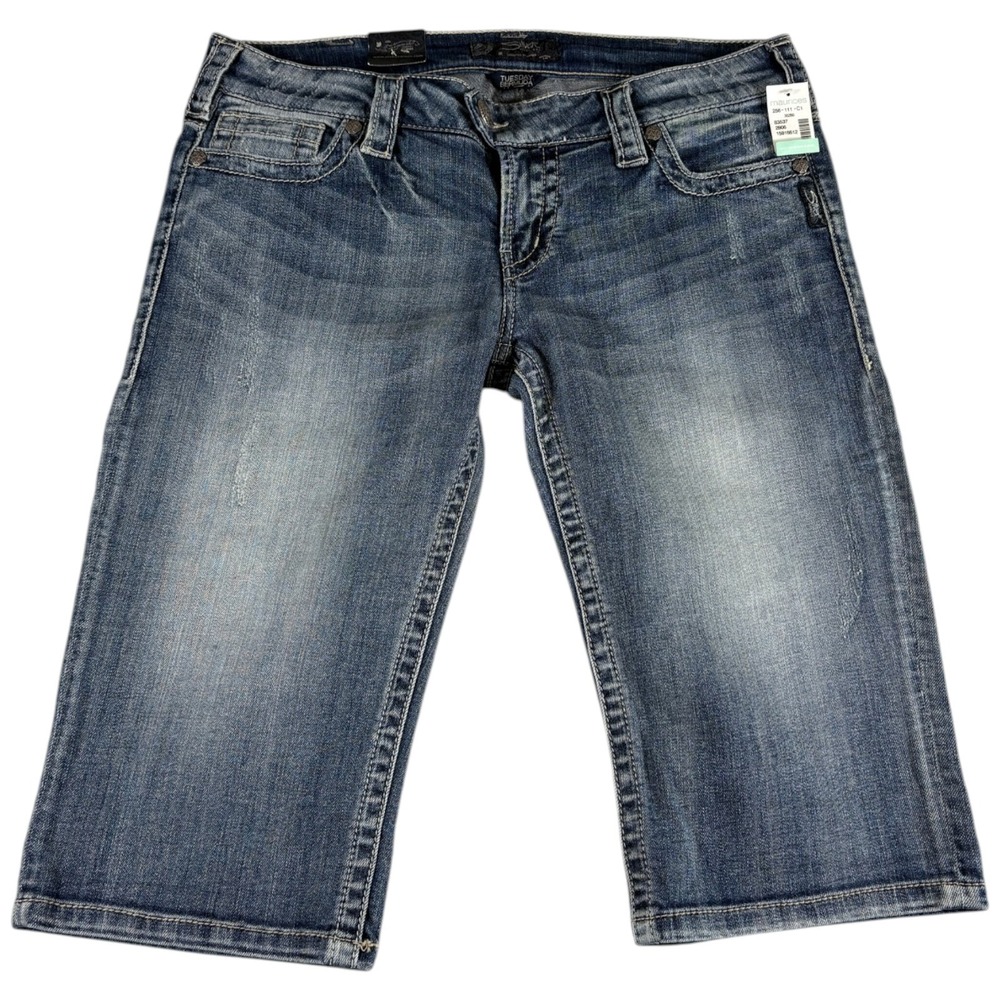 Silver Jeans Co Tuesday Bermuda Shorts Womens 32 Blue Denim‎ Low Rise Whiskered
